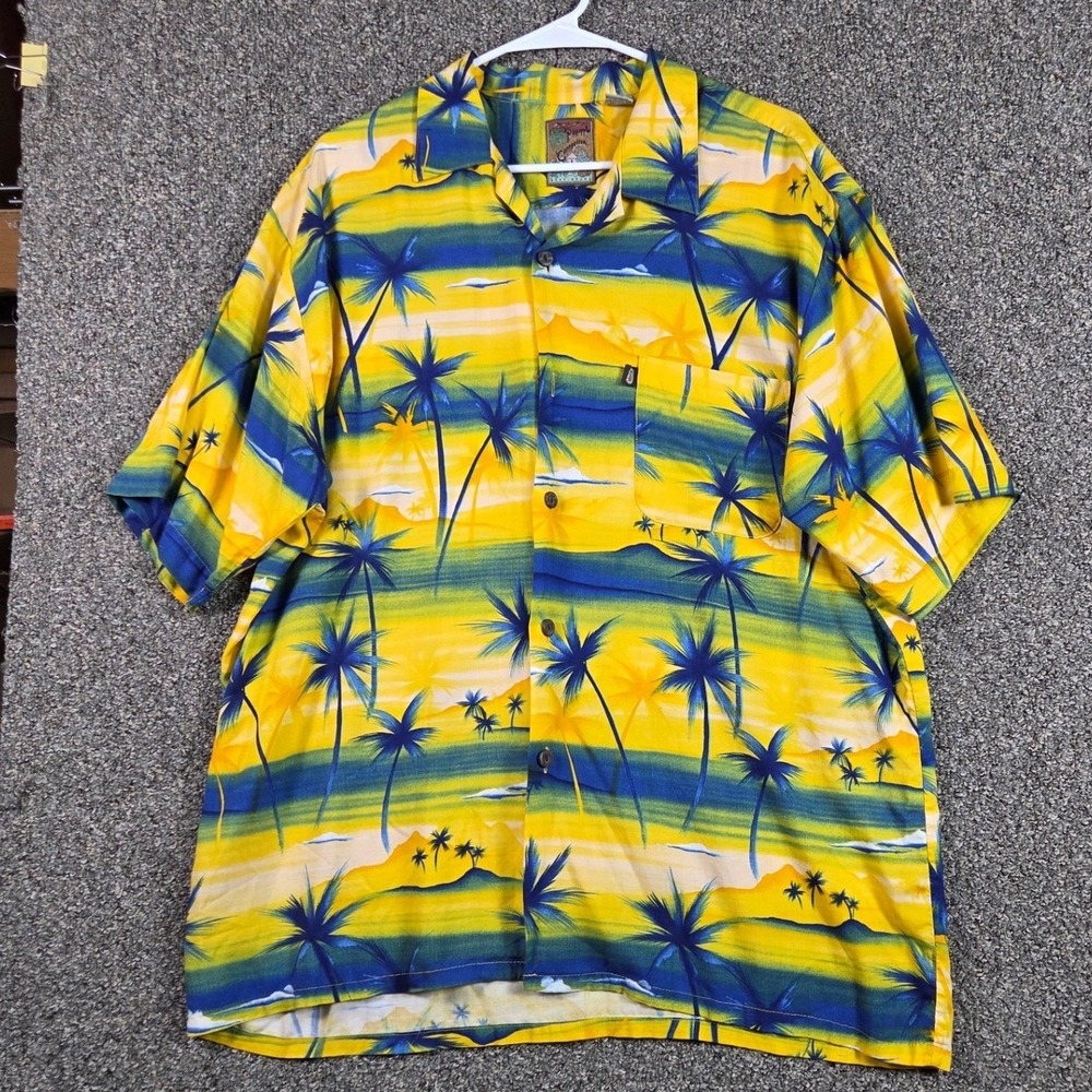Pineapple Connection Hawaiian Shirt Mens L Yellow Blue Palm Tree Rayon Aloha